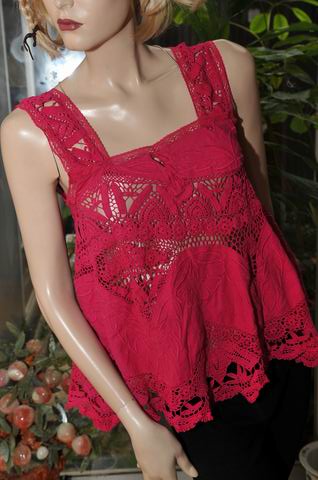 VINTAGE COTTON CROCHET EMBROIDERED TOP FUSCHIA OS  